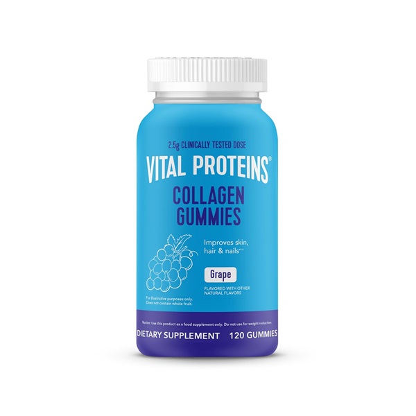 Vital Proteins Collagen Gummies grape flavor bottle with 120 gummies and 2.5g clinically tested collagen dose
