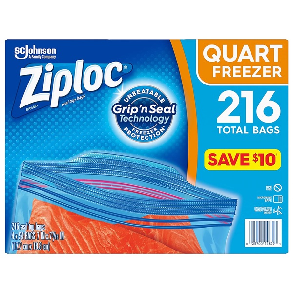 Ziploc Double Zipper Quart Freezer Bags, 216 Count