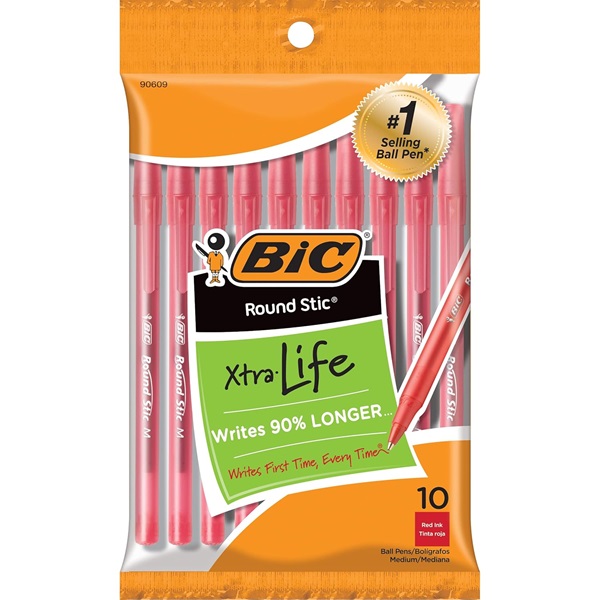 BIC Round Stic Ball Pen - Pack of 10, Red