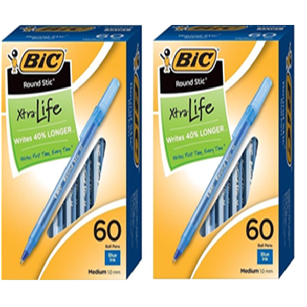BIC Round Stic Xtra Life Ball Pen, Medium Point (1.0 mm), Blue 2Pack (60 Count)