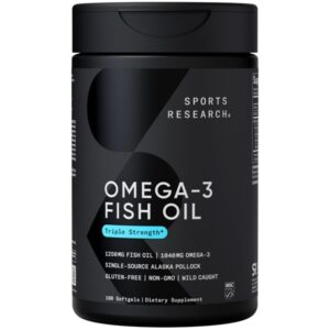 Sports Research Omega-3 Fish Oil From Wild Alaska Pollock (1250Mg Per Capsule) With Triglyceride Epa & Dha Fatty Acids|Heart, Brain & Joint Support|Ifos 5-Star Certified, Non-Gmo & Gluten Free (180Ct)