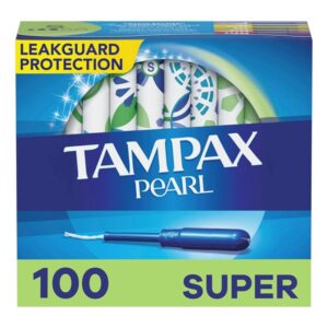 Tampax Pearl Tampons Super Absorbency, 100 Count, BPA-Free Plastic Applicator and LeakGuard Braid, Unscented, 50 Count, Pack of 2 (100 Count Total)