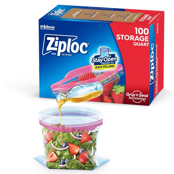 Ziploc Quart Food Storage Bags, Grip 'n Seal Technology for Easier Grip, Open, and Close, 100 Count