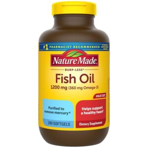 Nature Made Burp-Less Fish Oil 1200 mg Softgels, 200 Count for Heart Health (Packaging May Vary)