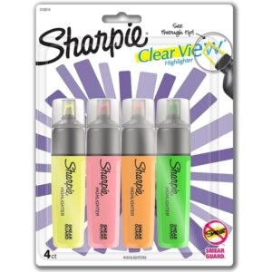 Sharpie Highlighter, Clear View Highlighter with See-Through Chisel Tip, Tank Highlighter, Assorted, 4 Count