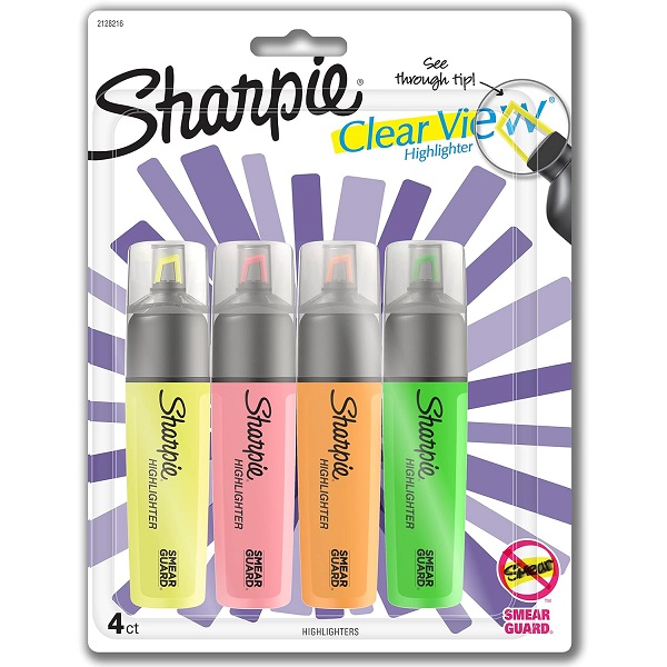 Sharpie Highlighter, Clear View Highlighter with See-Through Chisel Tip, Tank Highlighter, Assorted, 4 Count