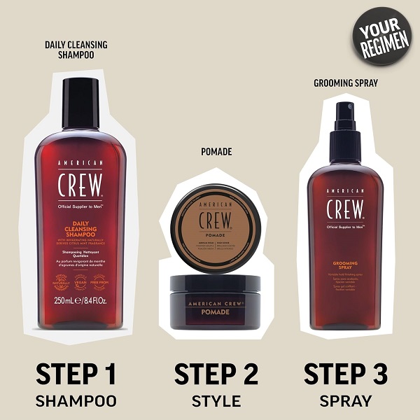Step-by-step: Shampoo, style with gel, finish with spray for lasting hold
