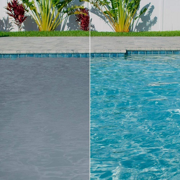Before and after results showing how the clarifier transforms cloudy pool water.