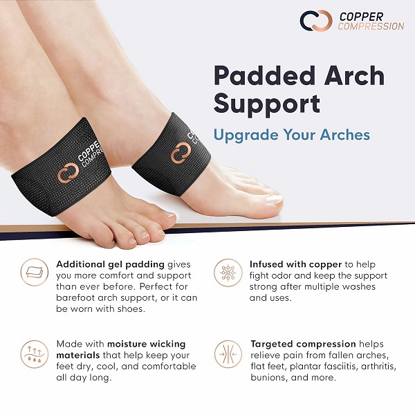 Padded arch design reduces strain on flat feet and tired arches