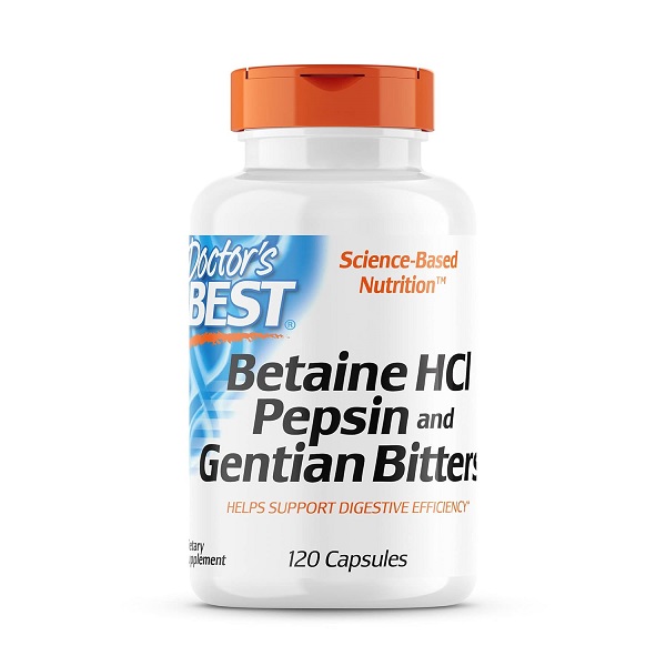 Doctor's Best Betaine HCl Pepsin Gentian Bitters 120 capsules bottle