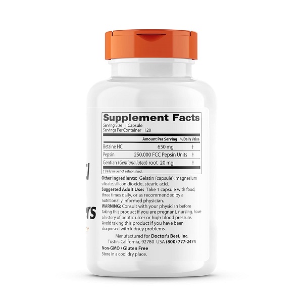 Doctor's Best Betaine Hcl Pepsin & Gentian Bitters (Support Digestive Health) - 120 Caps - Image 2