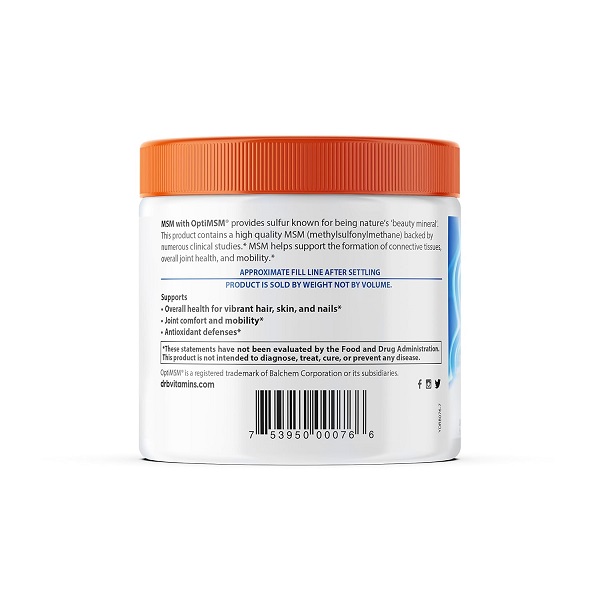 Supplement Facts label listing MSM content and serving size.
