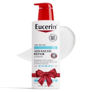 Eucerin Advanced Repair Lotion for very dry skin in a white bottle with a red pump and red bow, 500ml