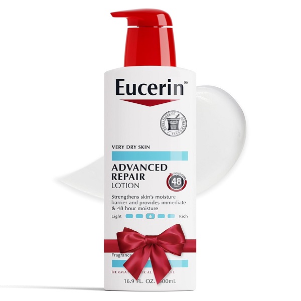 Eucerin Advanced Repair Lotion for very dry skin in a white bottle with a red pump and red bow, 500ml