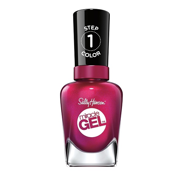 Bold magenta nail polish in Sally Hansen Miracle Gel bottle