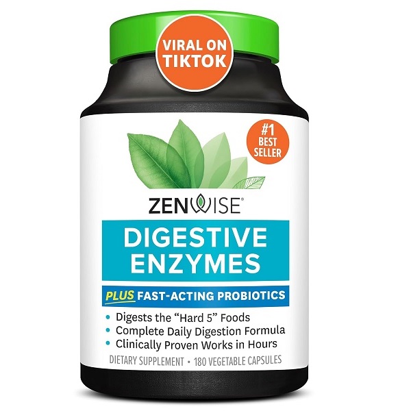 Zenwise Digestive Enzymes bottle label highlighting TikTok viral status and clinically proven digestive formula