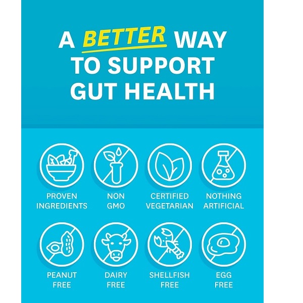 Zenwise Digestive Enzymes with Probiotics product claims: gut health support, non-GMO, certified vegetarian, allergen-free