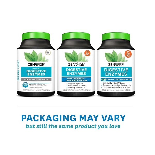 Zenwise Digestive Enzymes with Probiotics packaging with varying label text